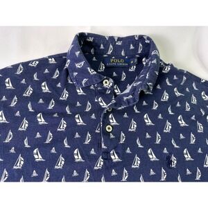 Polo Ralph Lauren Mens Medium Sailboat All Over Print S/s Polo‎ Shirt Navy Blue